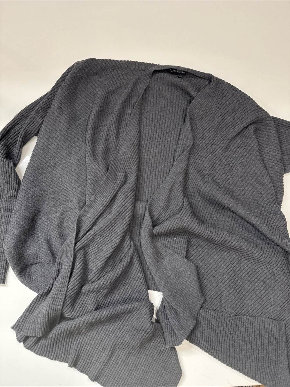 Eileen Fisher Grey Wool Italian Yarn Grey Cardigan Shawl Sweater L A030826